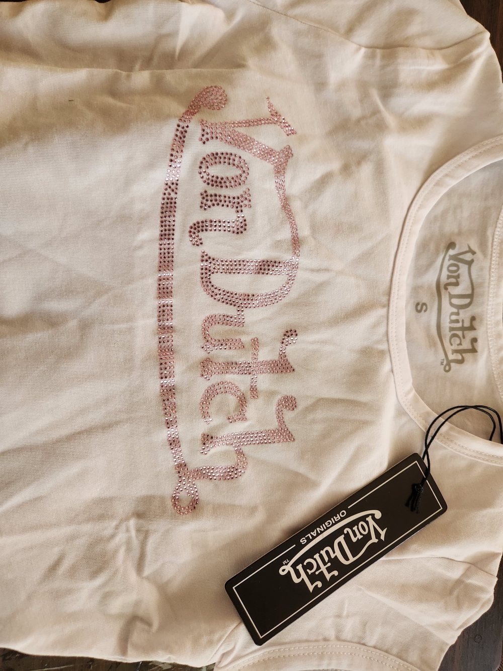 Von Dutch White Tee with Pink Rhinestone Classic Baby Tee - Picture 2 of 4